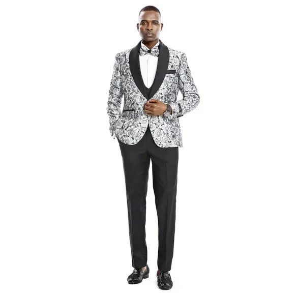 Monochrome Rose 3pc Tuxedo w/ Double Breasted Vest by Tazio - 38 Short Jacket+32 Waist Adjustable 28to34)(Height: 5 4 to5 7 )(Neck 15-16.5)S-M)