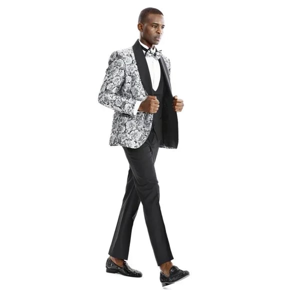 Monochrome Rose 3pc Tuxedo w/ Double Breasted Vest by Tazio - 38 Short Jacket+32 Waist Adjustable 28to34)(Height: 5 4 to5 7 )(Neck 15-16.5)S-M)