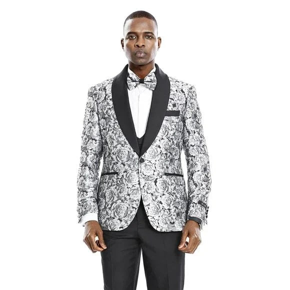 Monochrome Rose 3pc Tuxedo w/ Double Breasted Vest by Tazio - 38 Short Jacket+32 Waist Adjustable 28to34)(Height: 5 4 to5 7 )(Neck 15-16.5)S-M)