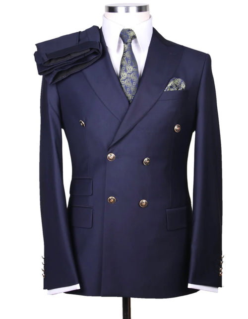 Mens Double breasted Suit - "Navy" 1920s 1980s Style Peak Lapel Suits - Back Side Vented Mens Designer Modern Fit Double Breasted Wool Suit with Gold Buttons in Navy