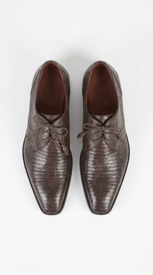 Men’s Original Exotic Teju Lizard Skin Shoes ZV080707, Brown Lace-Up Formal Dress Shoes