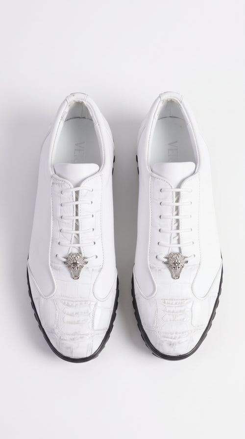 Men’s White Ostrich Leg Leather Sneaker LAB-ZC091928, Exotic Lace-Up Casual Dress Shoes