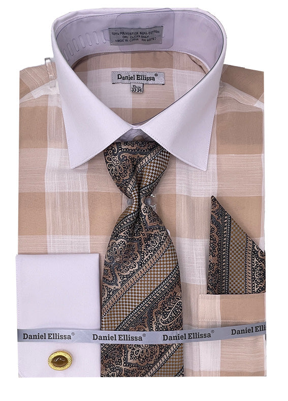 "Picnic Plaid Men's Dress Shirt Set - Contrast Collar & French Cuff, Beige"