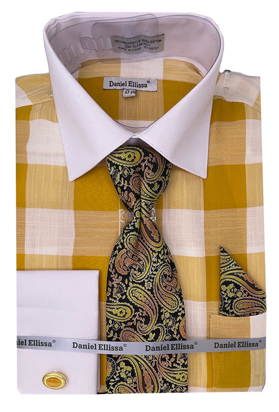 "Men's Picnic Plaid Dress Shirt Set - Mustard Yellow, Contrast Collar & French Cuff" - 15½ 33/34