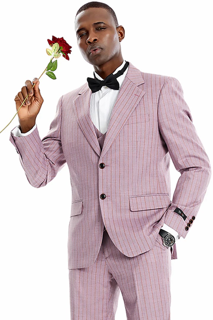 Cheap priced Suit - Men's Two Button Vested Wide Notch Lapel Vintage Style Pinstripe Dusty Rose Suit