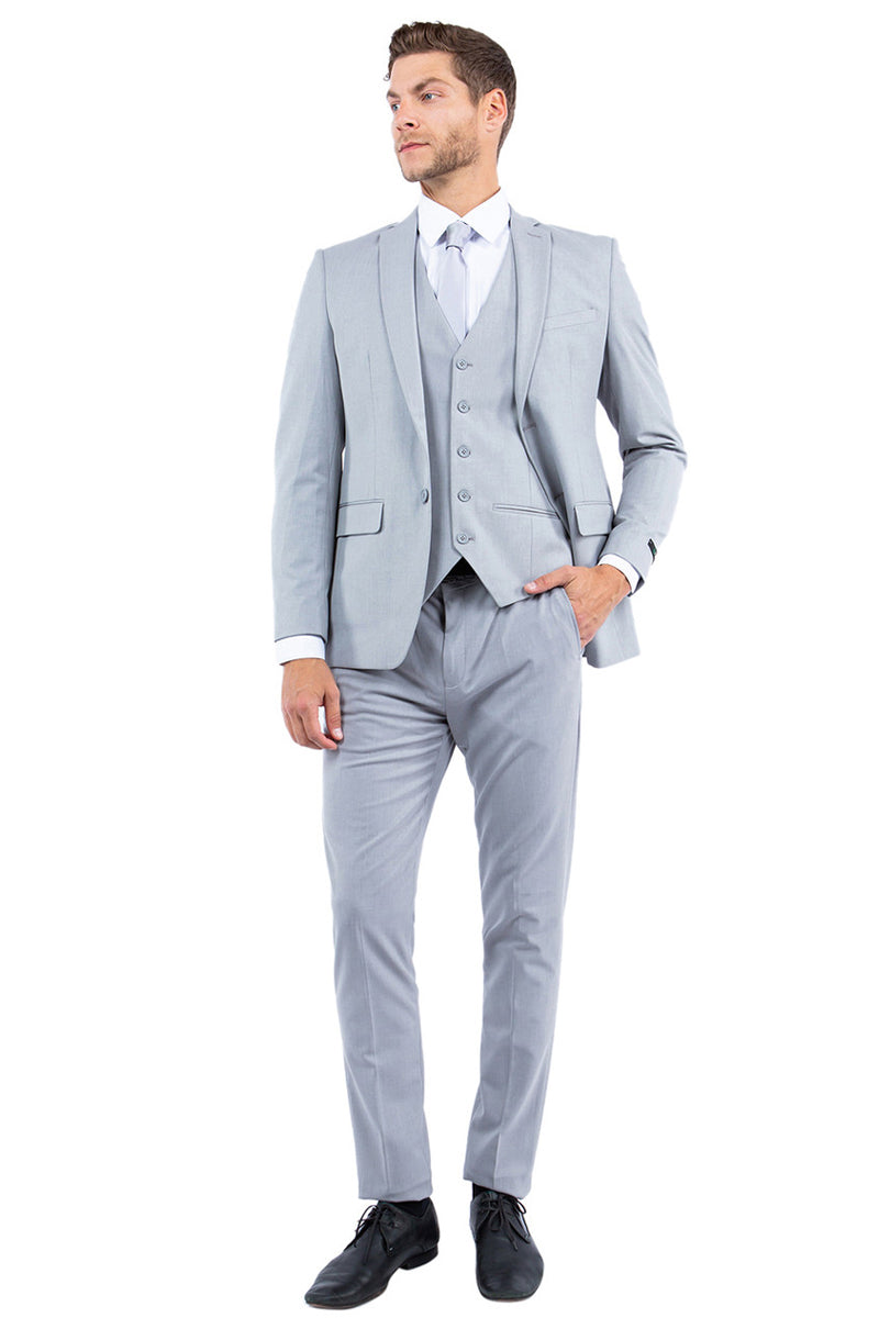 "Men's Slim Fit One Button Vested Business Suit - Light Grey Wedding Attire"
