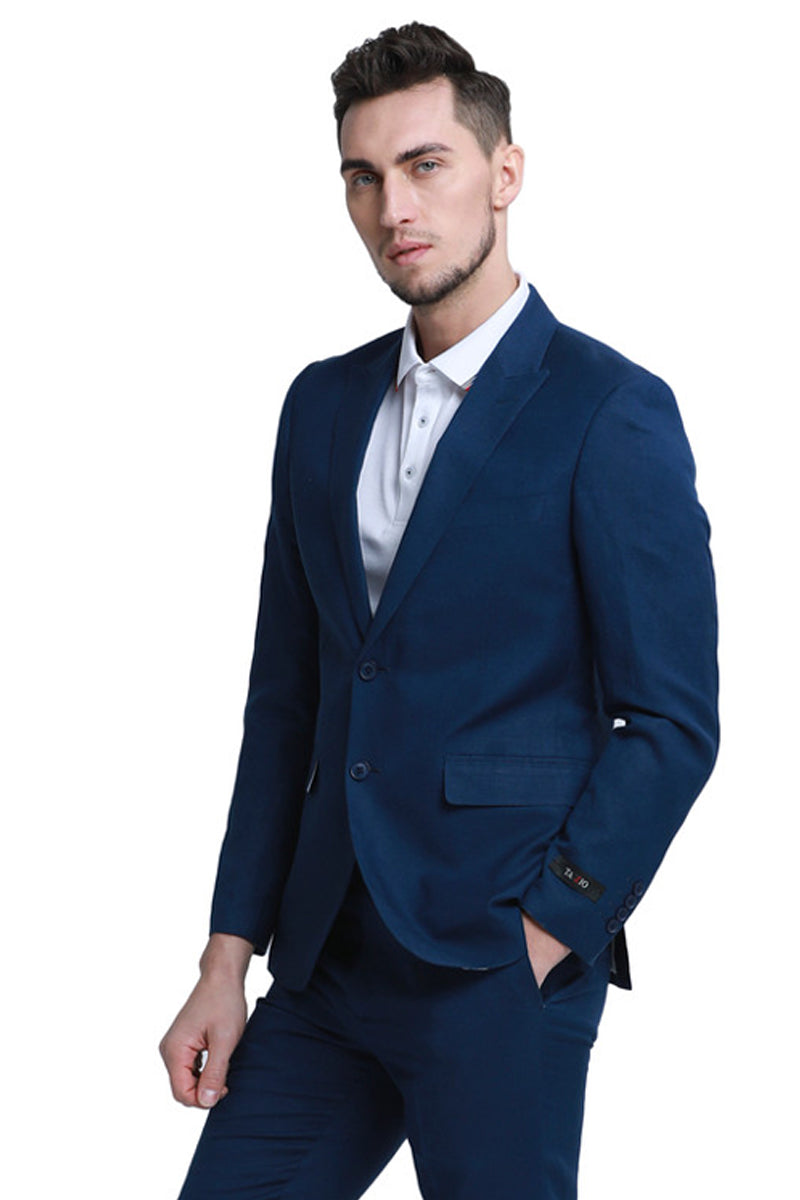 "Navy Blue Men's Summer Linen Wedding Suit with Two Button Peak Lapel"