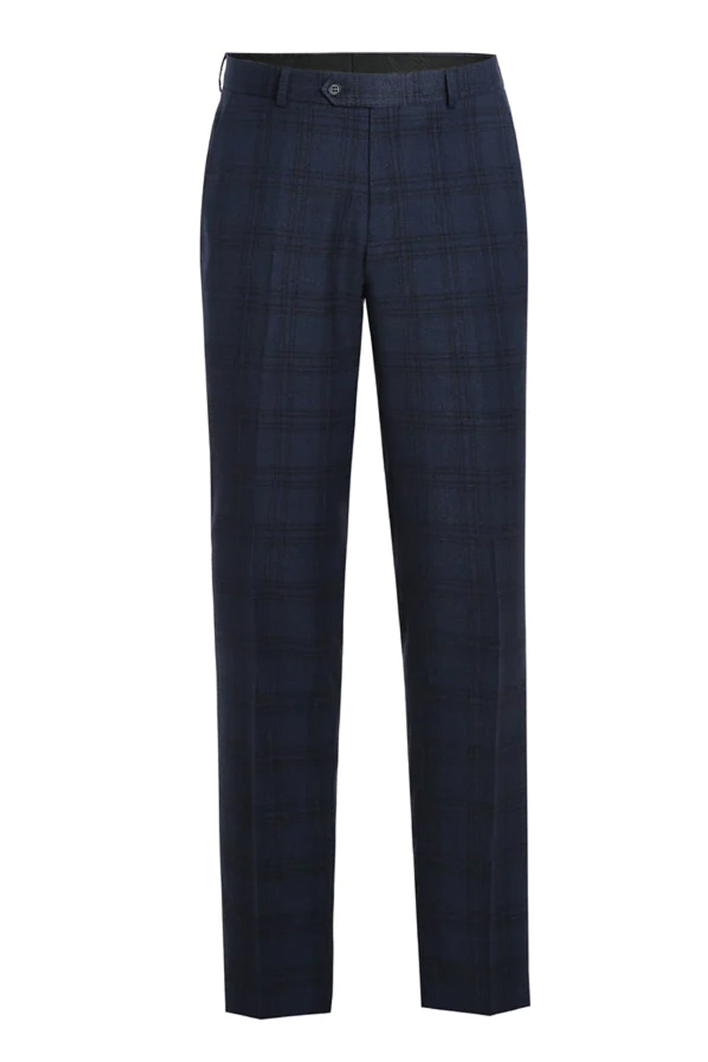 "Men's Slim Fit Two-Button Stretch Suit - Navy Blue Windowpane Plaid"