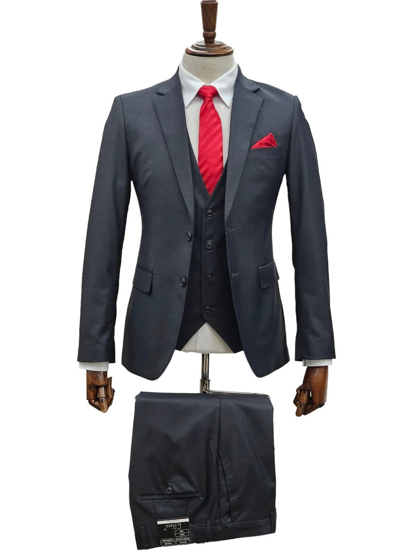 Mens Giovanni Testi Charcoal 3 Piece Suit ā 2 Button Closure, Classic Notch Lapel, Flex Waist Pants
