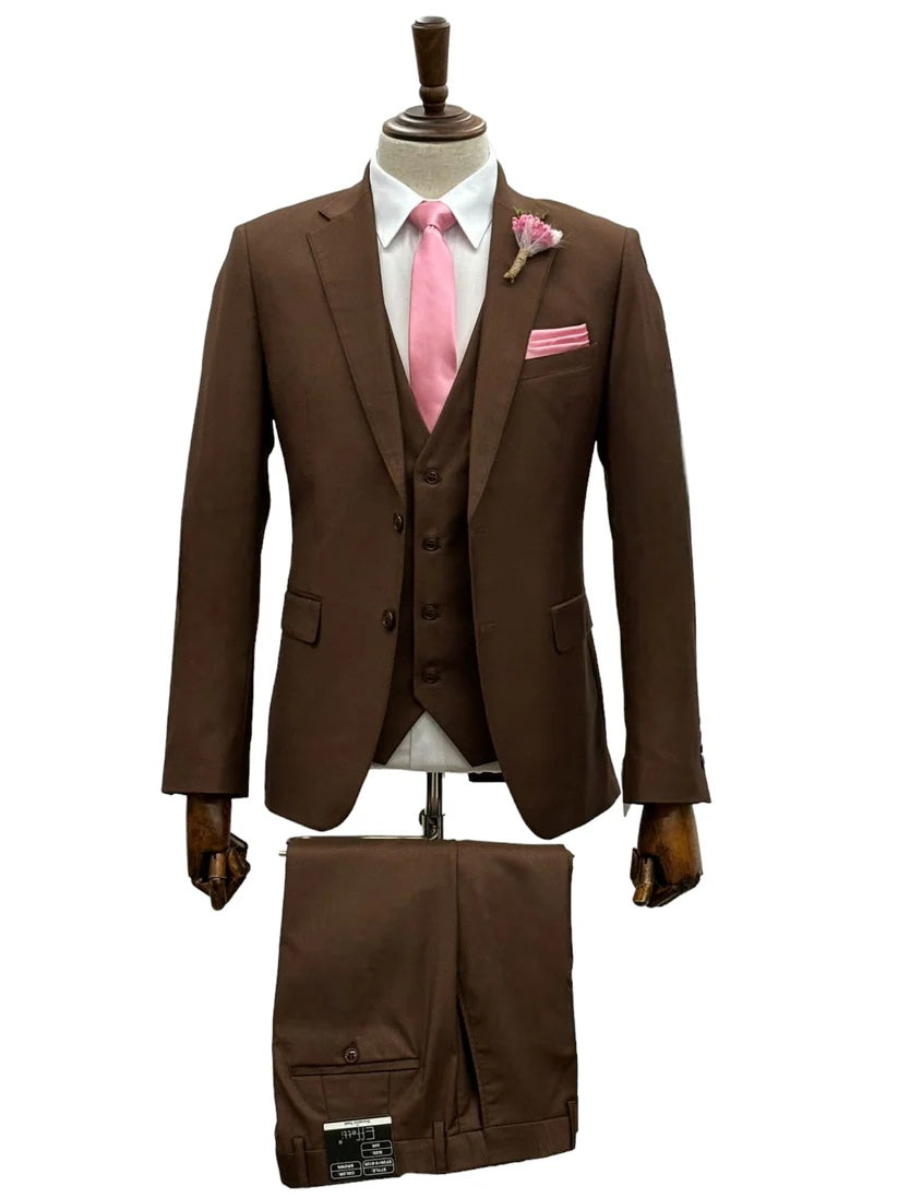 Mens Giovanni Testi Brown Suit Set ā 2 Button Notch Lapel Blazer with Pick Stitching & Comfort Waist Pants