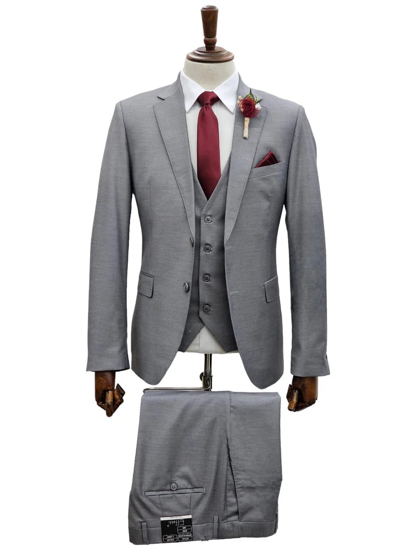 Mens Giovanni Testi 3 Piece Suit in Light Grey ā Notch Lapel Blazer, Matching Vest & Flex Waist Dress Pants