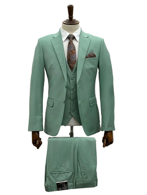 Mens Giovanni Testi Mint 3 Piece Suit β Modern Fit 2 Button Notch Lapel with Pick Stitching & Flex Waist Pants