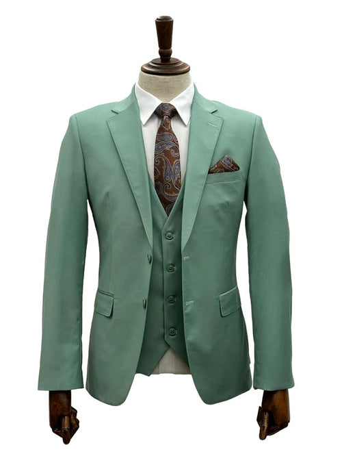 Mens Giovanni Testi Mint 3 Piece Suit β Modern Fit 2 Button Notch Lapel with Pick Stitching & Flex Waist Pants