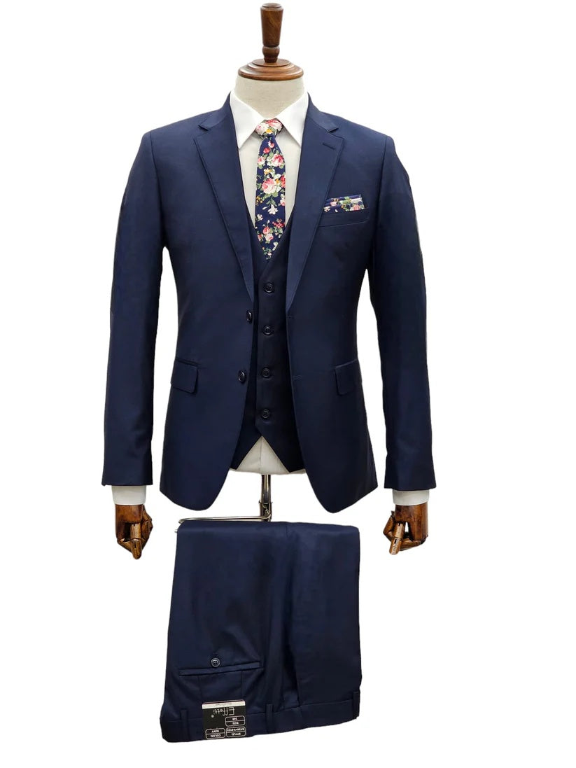 Mens Giovanni Testi Navy 3 Piece Suit β Modern Fit 2 Button Notch Lapel, Side Vents, Flex Waist Trousers