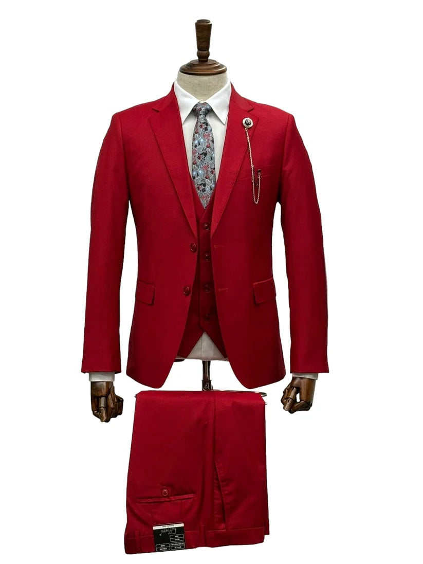 Mens Giovanni Testi Red 3 Piece Suit Set β Notch Lapel Jacket, Matching Vest, Side Vents & Comfort Waist Pants