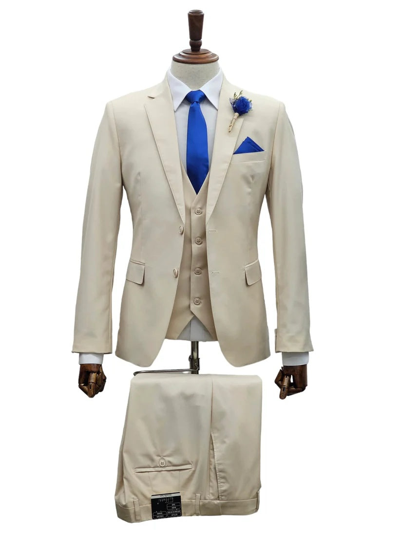 Mens Giovanni Testi Sand 3 Piece Suit ā Formal 2 Button Blazer, Vest & Comfort Flex Waist Trousers
