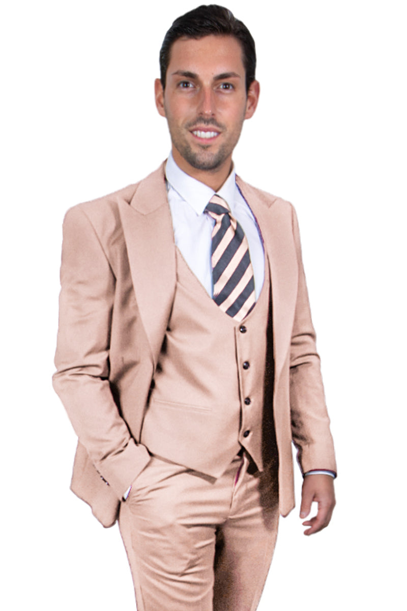 "Stacy Adams Men's Beige Suit with Vested One Button Peak Lapel"