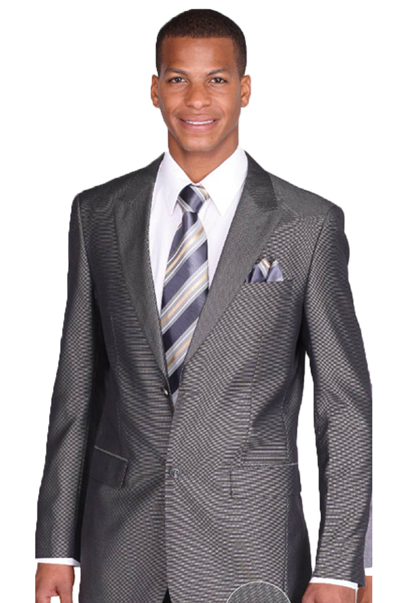 "Sharkskin Slim Fit Suit for Men - 2 Button, Peak Lapel in Black & White" - 38 Long