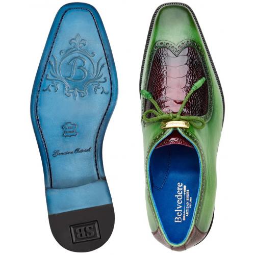Belvedere Etore Antique Emerald Green / Wine Genuine Ostrich Leg Italian Calf Shoes - 6