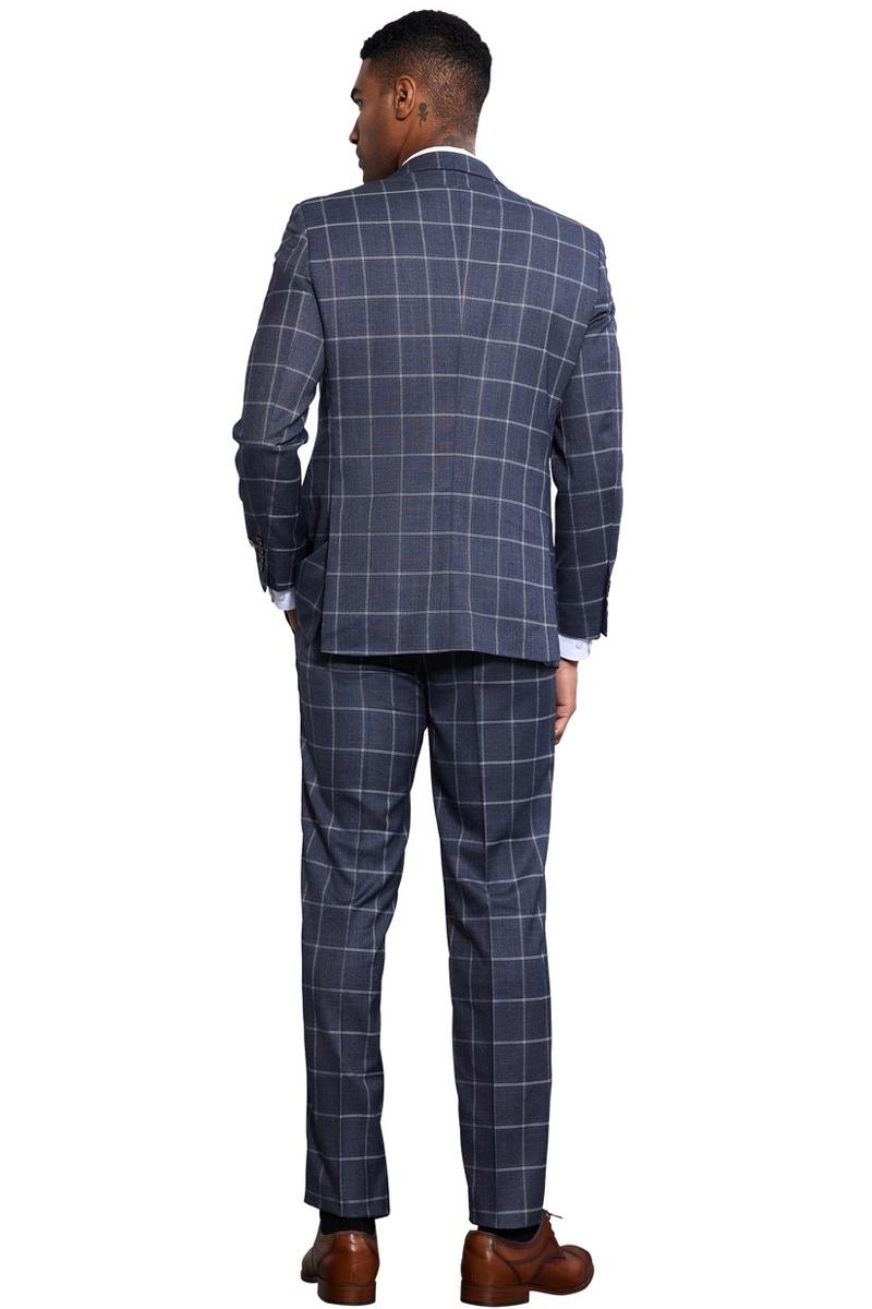 Men's Stacy Adams Classic One Button Vested Windowpane Suit in Charcoal Grey - 38 Regular