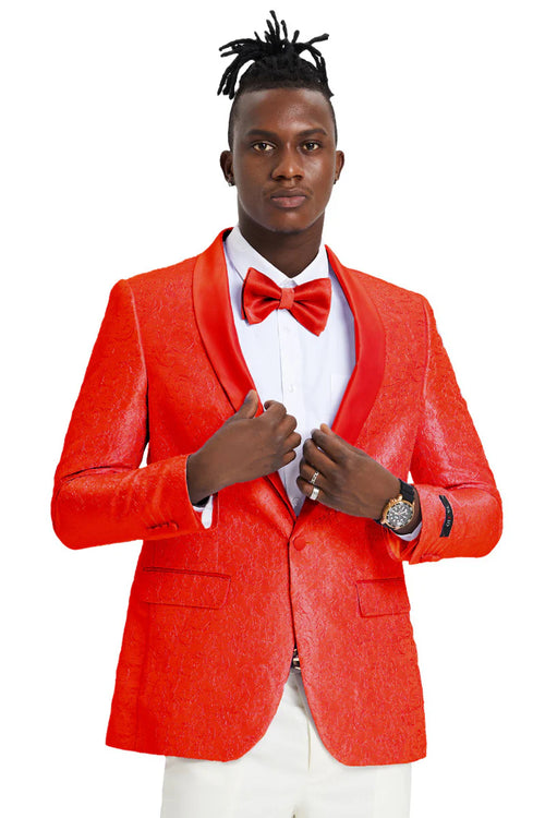 Mens Slim Fit Tonal Paisley Tuxedo Jacket in Red for Wedding and Prom