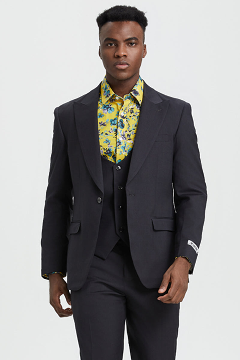 "Mens Stacy Adams Suit - Stacy Adams Suit Men's Designer Suit - Charcoal, One Button Peak Lapel with Vest" - 34 Regular