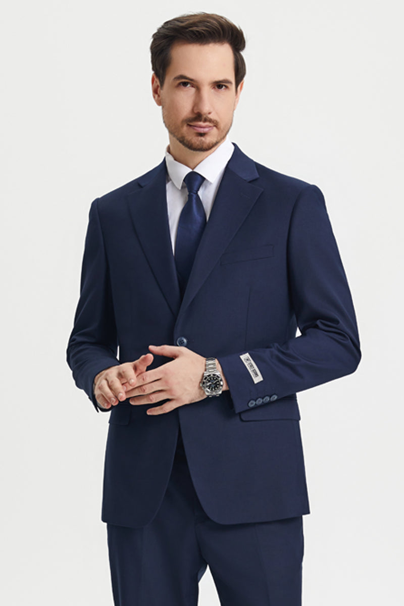"Mens Stacy Adams Suit - Stacy Adams Suit Men's Two Button Vested Designer Suit - Navy Blue" - 34 Regular