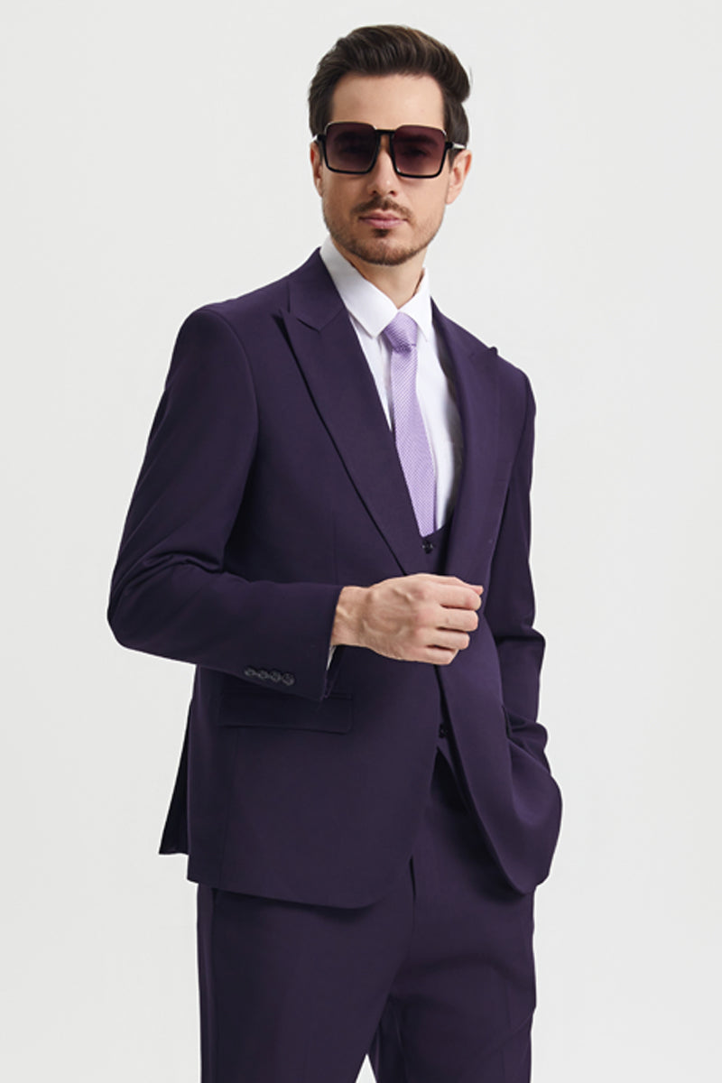 "Mens Stacy Adams Suit - Stacy Adams Suit Men's Designer Suit - Vested One Button Peak Lapel in Eggplant" - 34 Regular