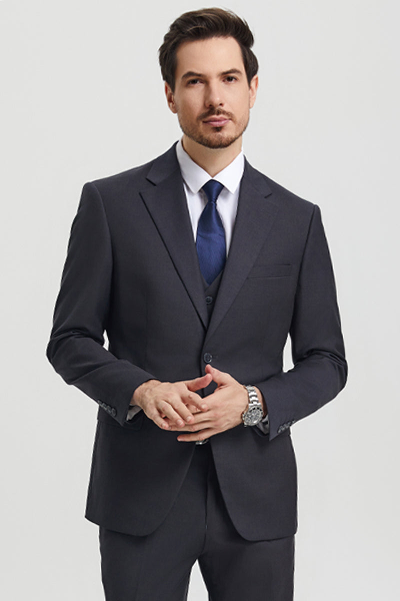 "Mens Stacy Adams Suit - Stacy Adams Suit Men's Designer Suit - Two Button Vested in Charcoal Grey" - 34 Regular