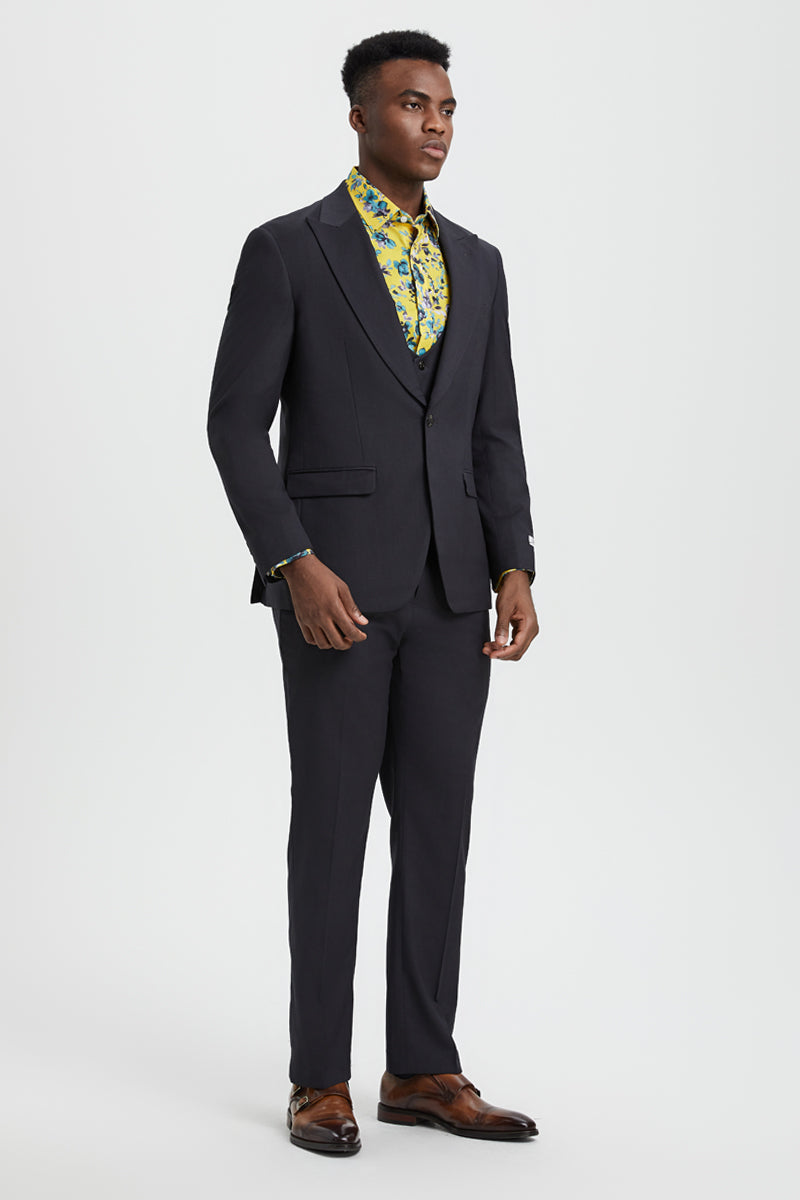 "Mens Stacy Adams Suit - Stacy Adams Suit Men's Designer Suit - Charcoal, One Button Peak Lapel with Vest" - 34 Regular