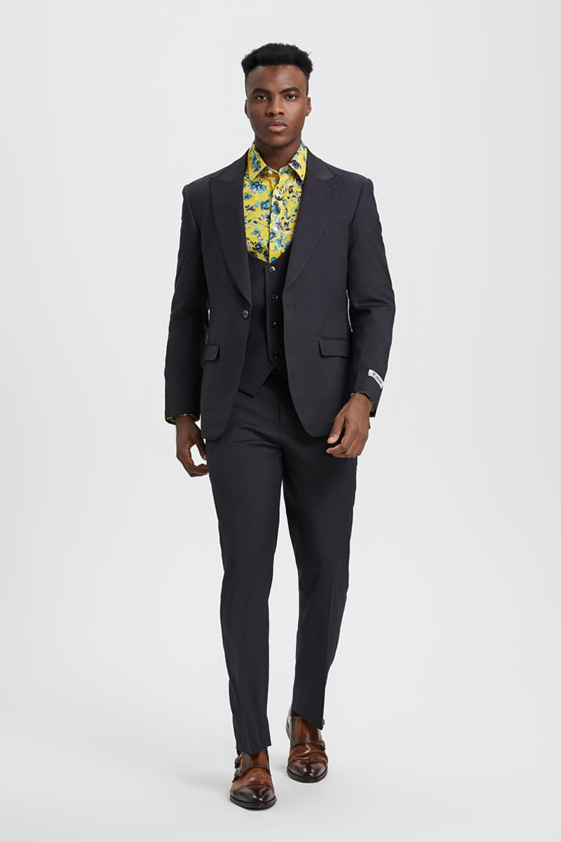 "Mens Stacy Adams Suit - Stacy Adams Suit Men's Designer Suit - Charcoal, One Button Peak Lapel with Vest" - 34 Regular