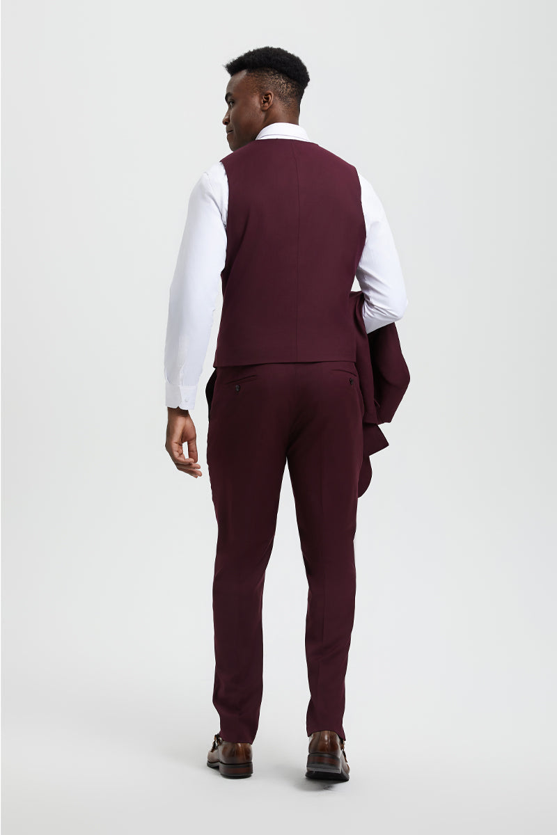 "Mens Stacy Adams Suit - Stacy Adams Suit Men's Designer Suit - Burgundy, Vested One Button Peak Lapel" - 34 Regular