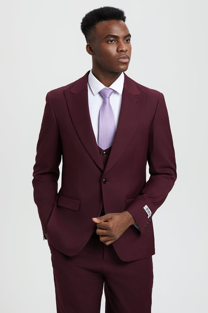 "Mens Stacy Adams Suit - Stacy Adams Suit Men's Designer Suit - Burgundy, Vested One Button Peak Lapel" - 34 Regular