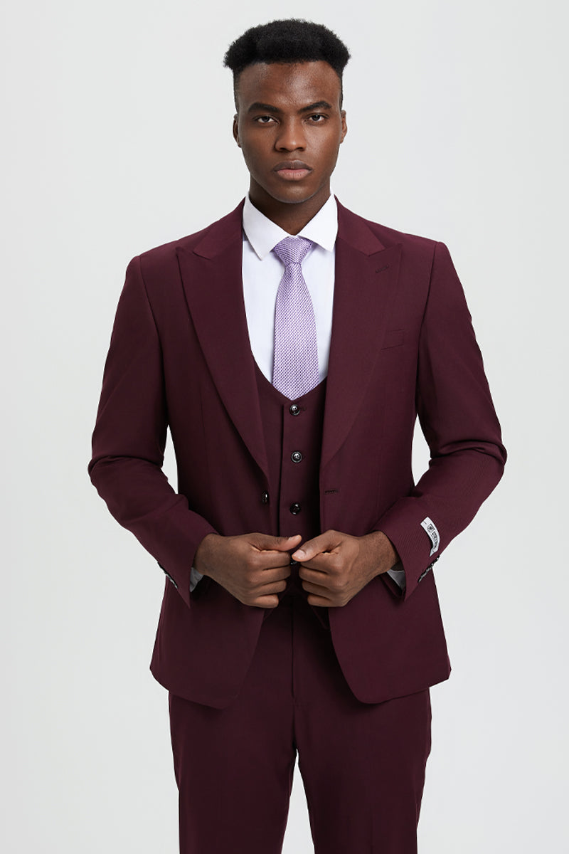 "Mens Stacy Adams Suit - Stacy Adams Suit Men's Designer Suit - Burgundy, Vested One Button Peak Lapel" - 34 Regular