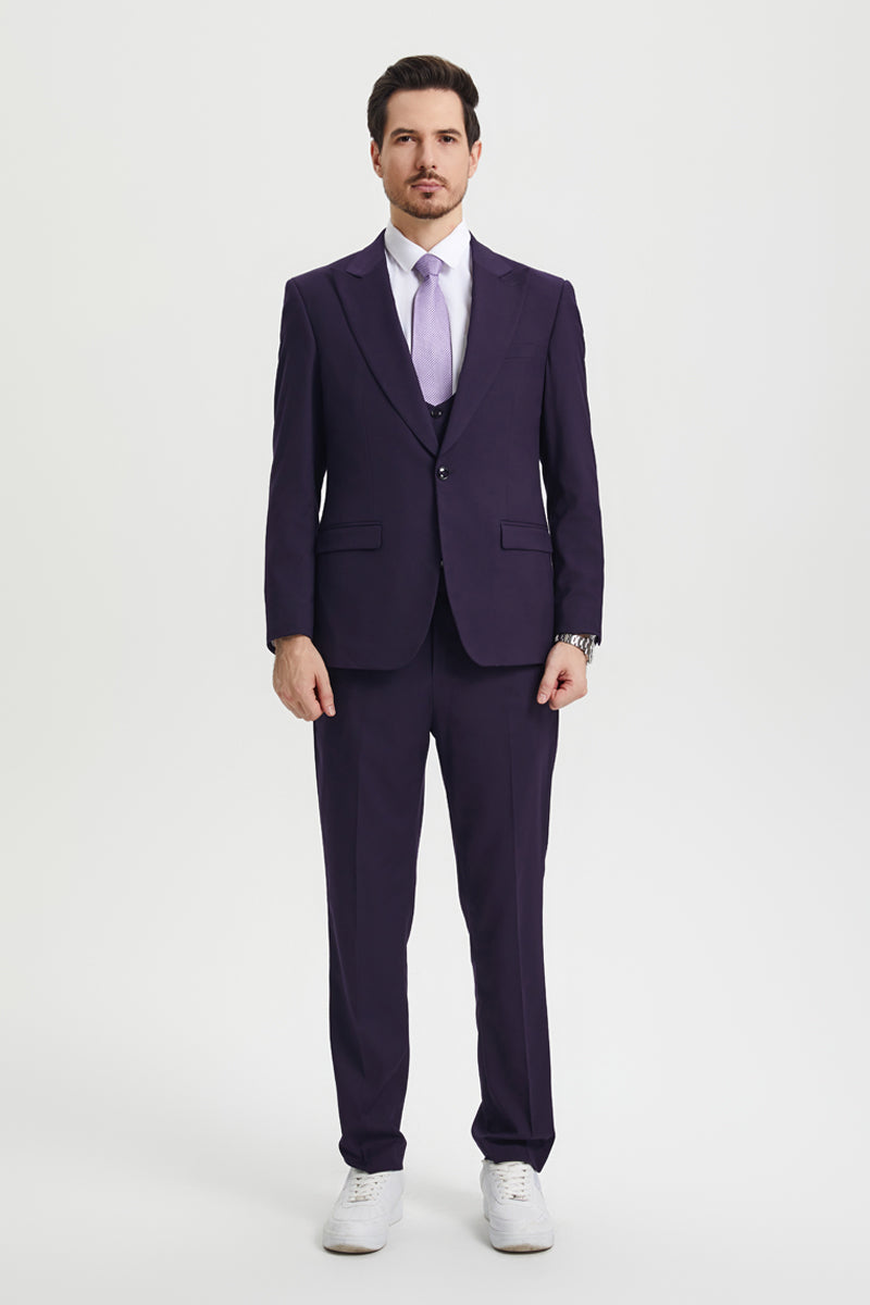 "Mens Stacy Adams Suit - Stacy Adams Suit Men's Designer Suit - Vested One Button Peak Lapel in Eggplant" - 34 Regular