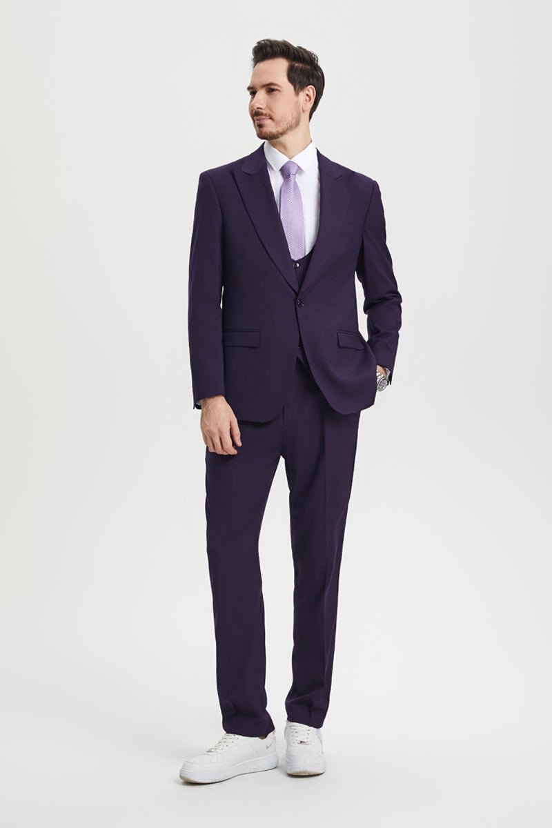 "Mens Stacy Adams Suit - Stacy Adams Suit Men's Designer Suit - Vested One Button Peak Lapel in Eggplant" - 34 Regular