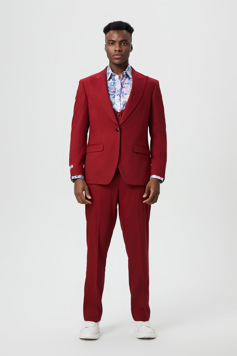 "Stacy Adams Suit Men's Designer Suit - Cherry Red, One Button Peak Lapel with Vest"