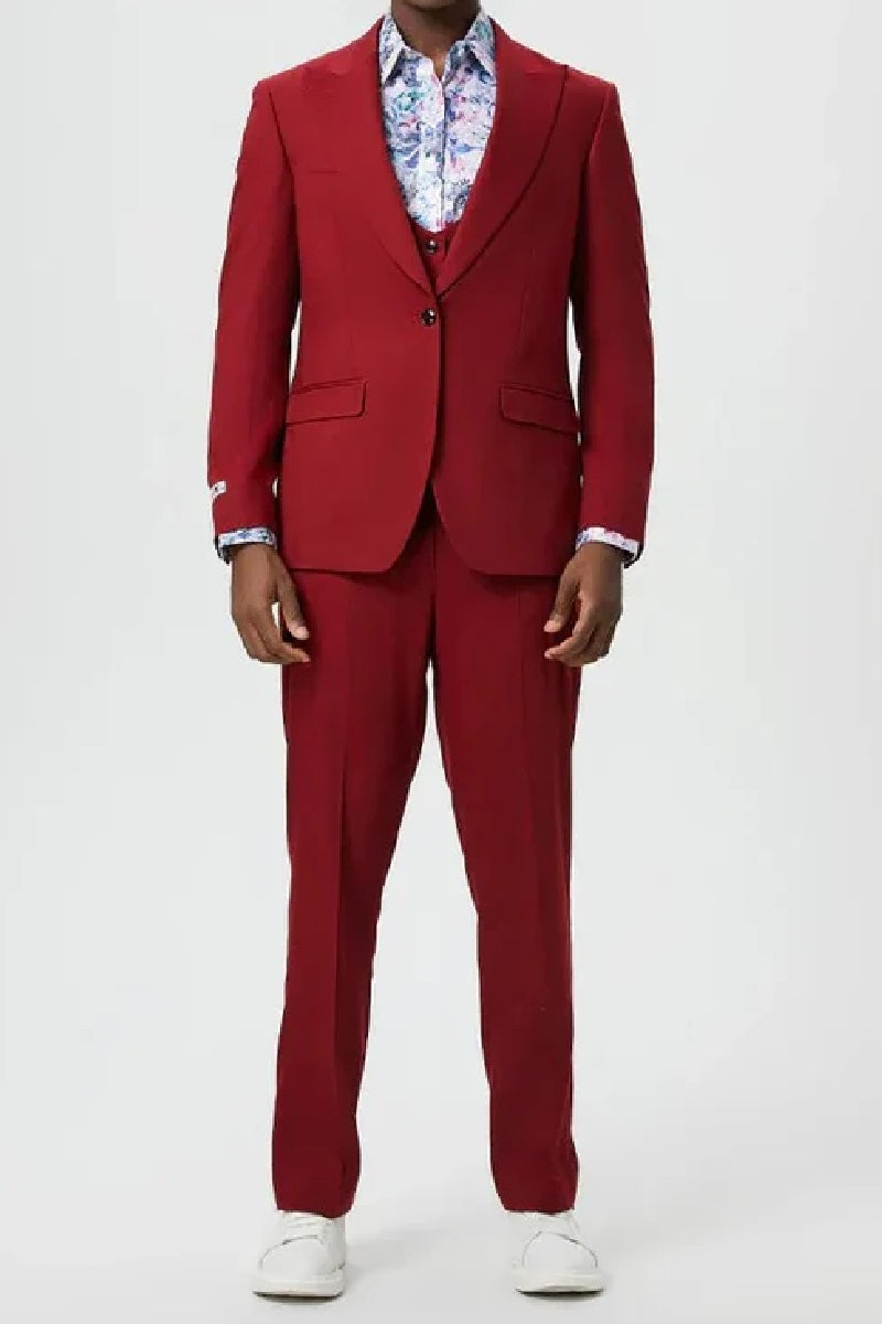 "Mens Stacy Adams Suit - Stacy Adams Suit Men's Designer Suit - Cherry Red, One Button Peak Lapel with Vest" - 34 Regular