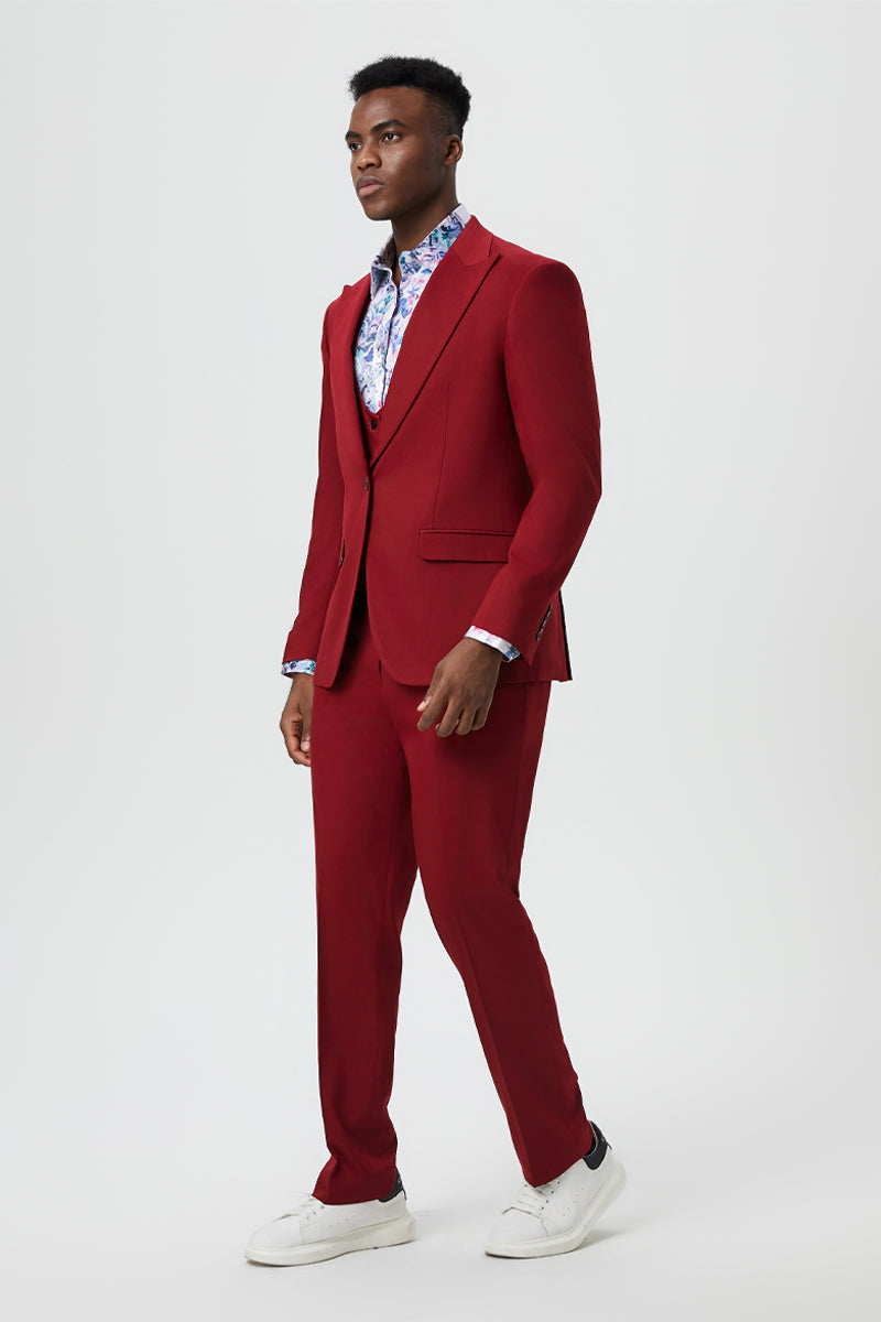 "Stacy Adams Men's Designer Suit - Cherry Red, One Button Peak Lapel with Vest"