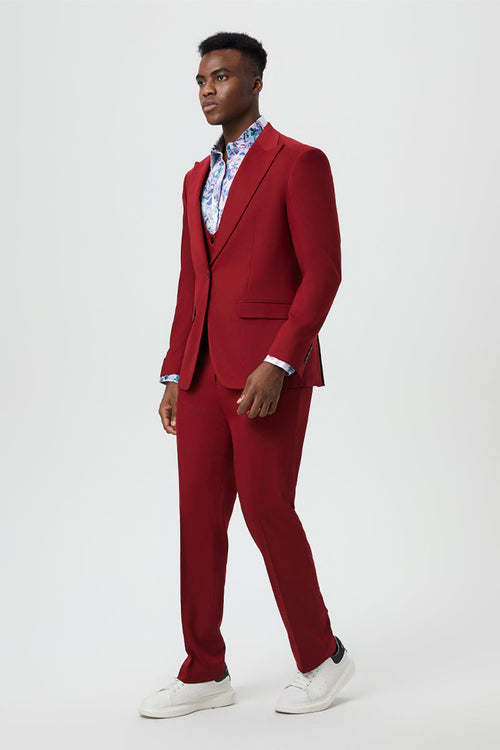 Men's Vested One Button Peak Lapel Stacy Adams Designer Suit in Cherry Red
