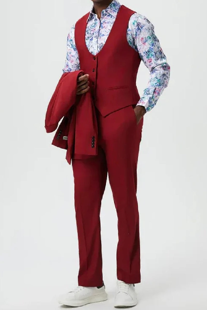 "Mens Stacy Adams Suit - Stacy Adams Suit Men's Designer Suit - Cherry Red, One Button Peak Lapel with Vest" - 34 Regular
