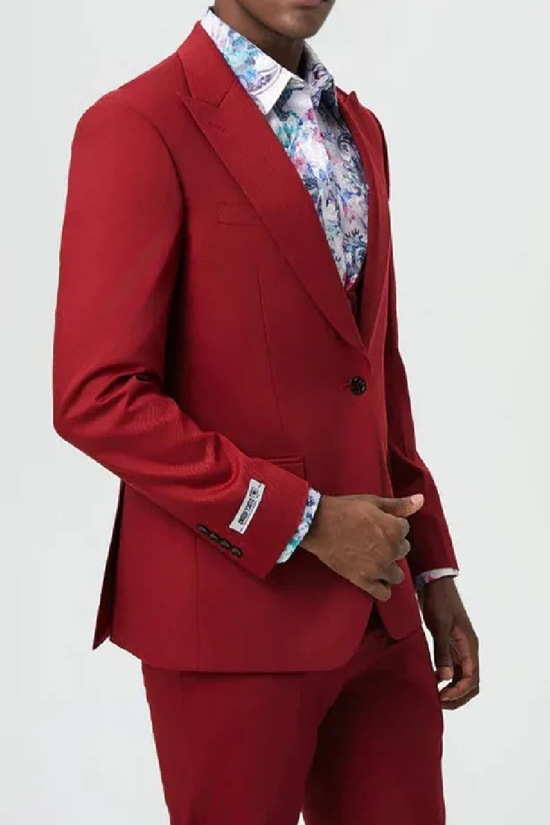 "Mens Stacy Adams Suit - Stacy Adams Suit Men's Designer Suit - Cherry Red, One Button Peak Lapel with Vest" - 34 Regular
