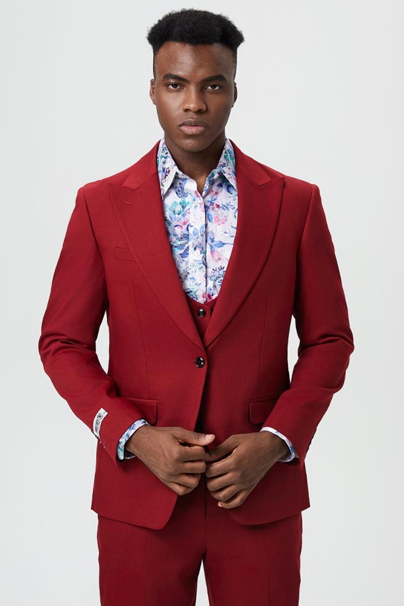 "Stacy Adams Suit Men's Designer Suit - Cherry Red, One Button Peak Lapel with Vest"