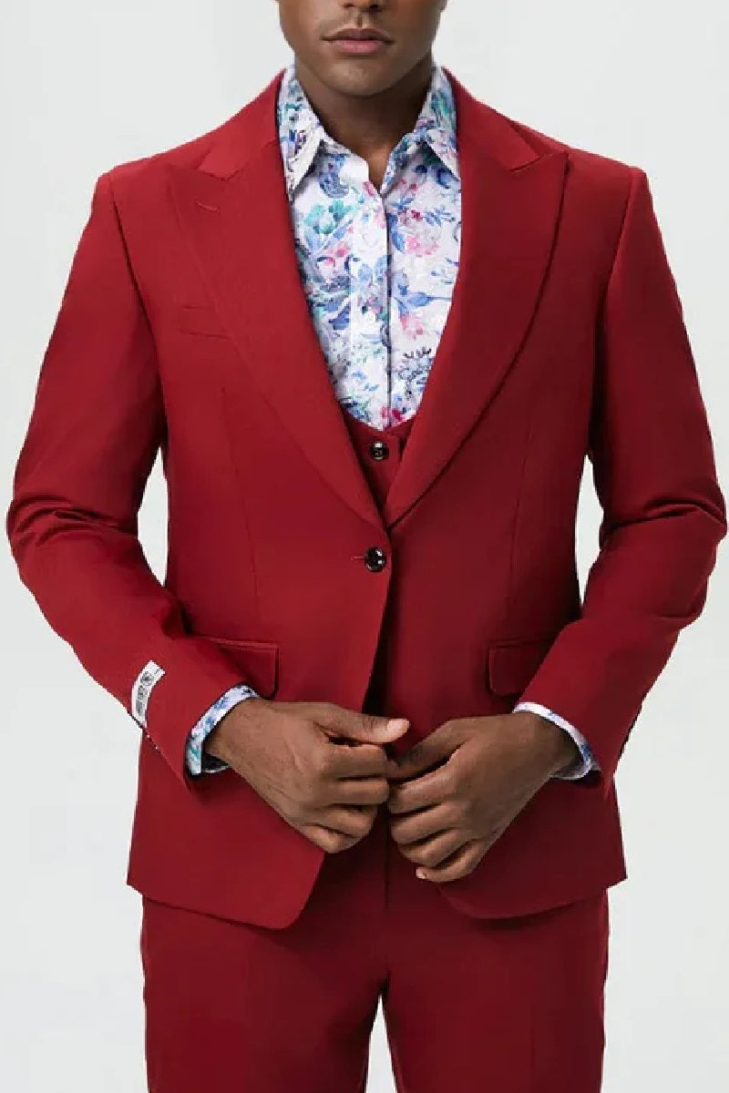 "Mens Stacy Adams Suit - Stacy Adams Suit Men's Designer Suit - Cherry Red, One Button Peak Lapel with Vest" - 34 Regular
