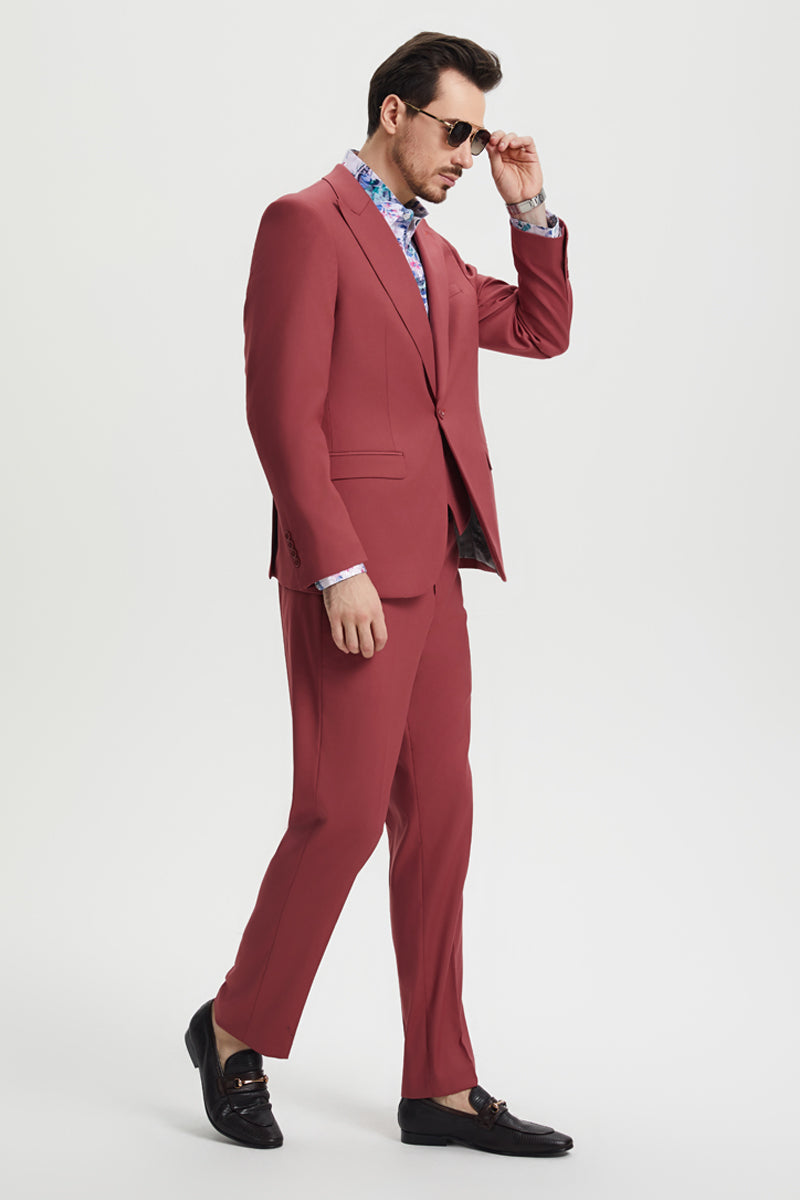 "Mens Stacy Adams Suit - Stacy Adams Suit Men's Designer Suit - Coral Blush Pink, Vested One Button Peak Lapel" Coral Prom 2025 Suits - 34 Regular