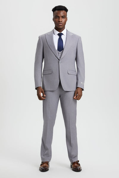 Men's Vested One Button Peak Lapel Stacy Adams Designer Suit in Light Grey