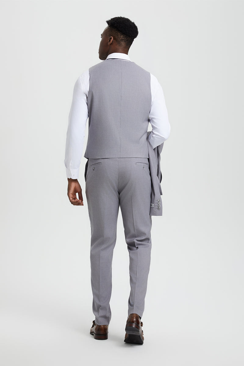 "Mens Stacy Adams Suit - Stacy Adams Suit Men's Designer Suit - Light Grey, Vested One Button Peak Lapel" - 34 Regular
