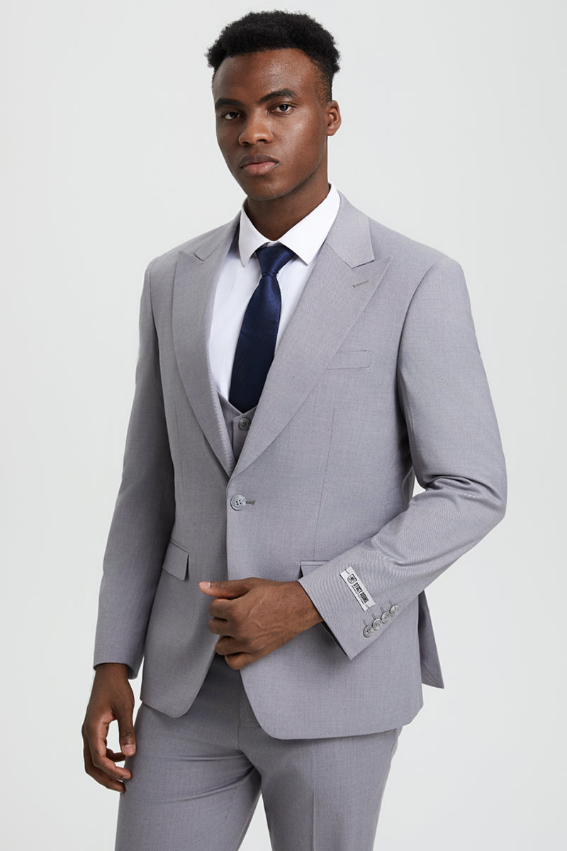 "Mens Stacy Adams Suit - Stacy Adams Suit Men's Designer Suit - Light Grey, Vested One Button Peak Lapel" - 34 Regular
