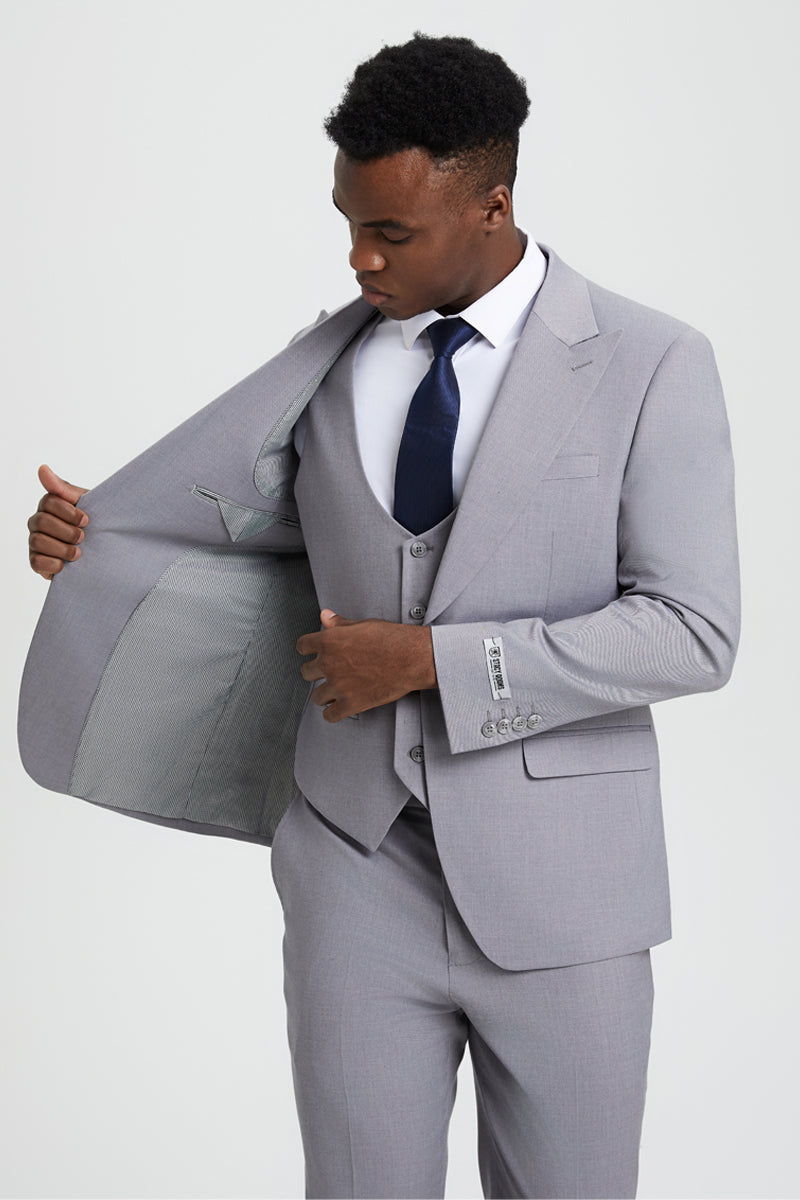 "Mens Stacy Adams Suit - Stacy Adams Suit Men's Designer Suit - Light Grey, Vested One Button Peak Lapel" - 34 Regular