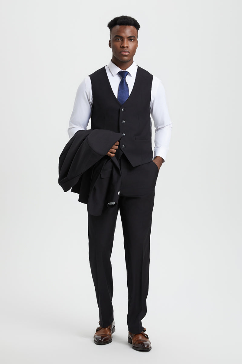 "Mens Stacy Adams Suit - Stacy Adams Suit Men's Designer Two Button Vested Basic Suit - Black" - 34 Regular